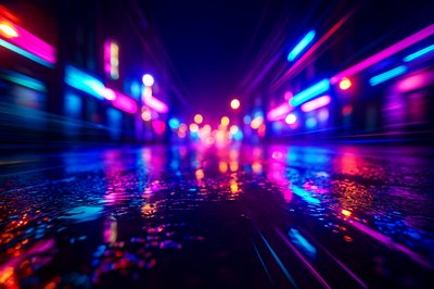 Vibrant Neon Lights Reflecting on City Streets at Night