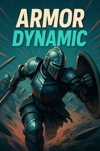 Dynamic Armor Illustration with Bold Typography and Action Elements