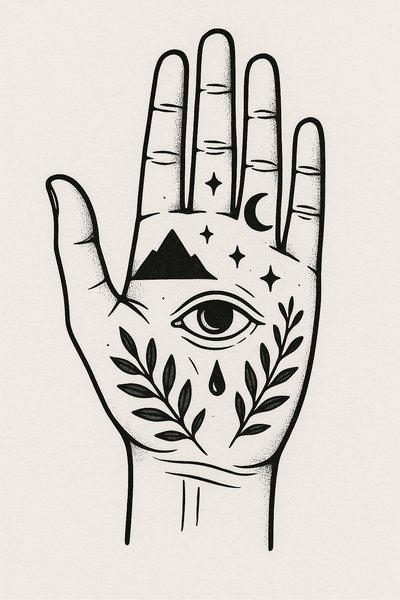 Artistic illustration of a hand with mystical symbols