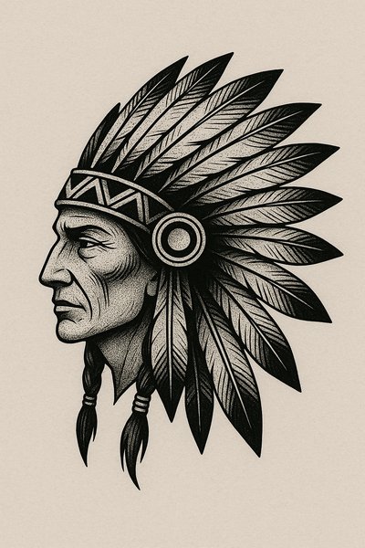 Artistic Illustration of a Native American Chief with Feathered Headdress