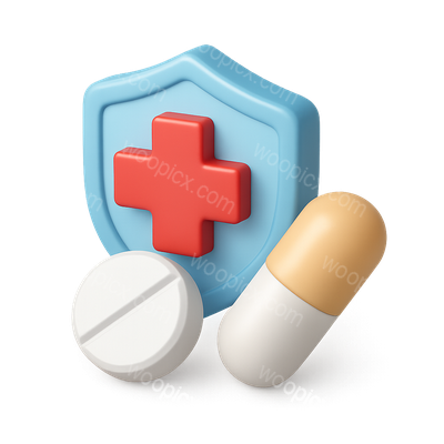 Stylized 3D Medicine Icon with Shield and Pills