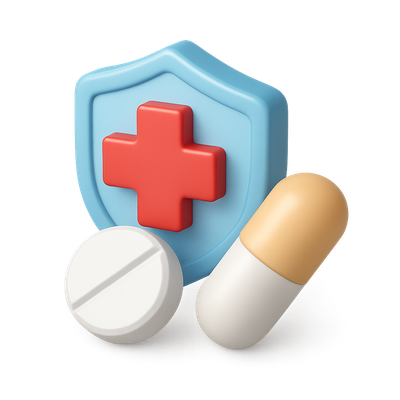 Stylized 3D Medicine Icon with Shield and Pills
