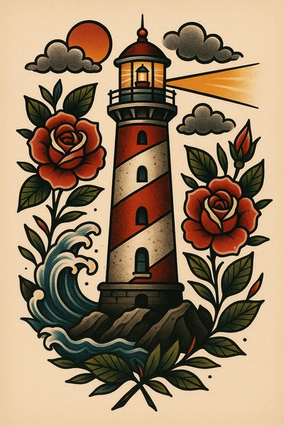 Vintage lighthouse tattoo design with roses and waves