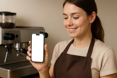 Barista Holding a Green Phone by Coffee Machine