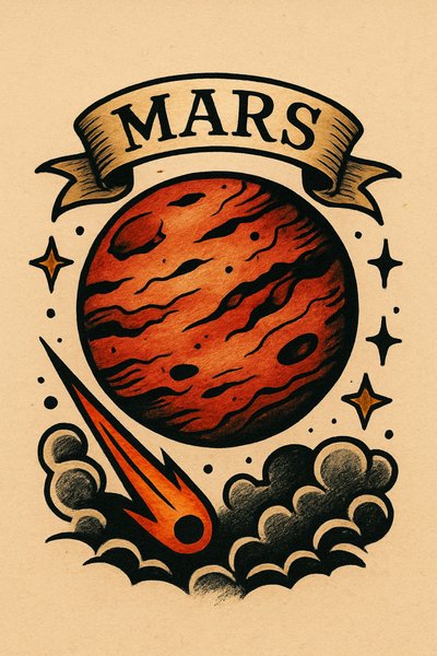 Illustrative Art of Mars with Shooting Star and Clouds