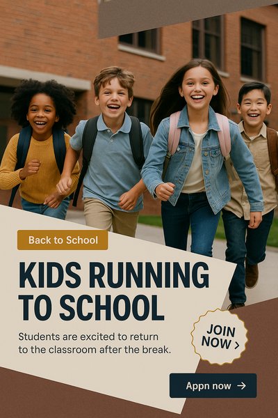 Excited Kids Running to School After Break