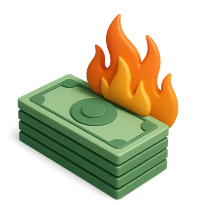Stylized 3D Burn-Rate Icon with Cash and Flames