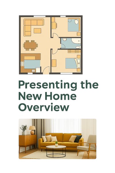 Home Design Overview Graphic Featuring Floor Plan and Living Room
