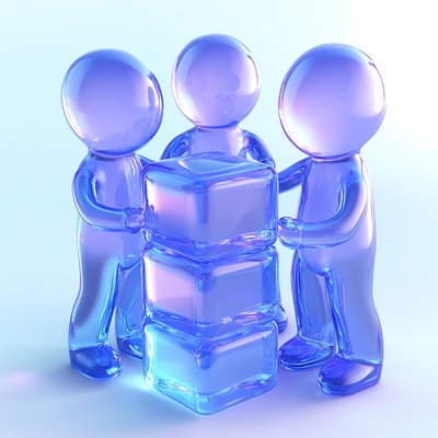 Three Transparent Figures Building with Blocks