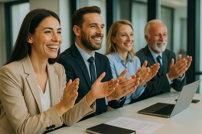 Group Applauding in Business Meeting Promoting Travel Destination