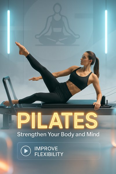 Dynamic Pilates Fitness Promotion Featuring a Woman in Workout Attire