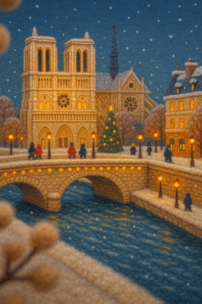 Knitted Paris in Snow: A Cozy Winter Scene