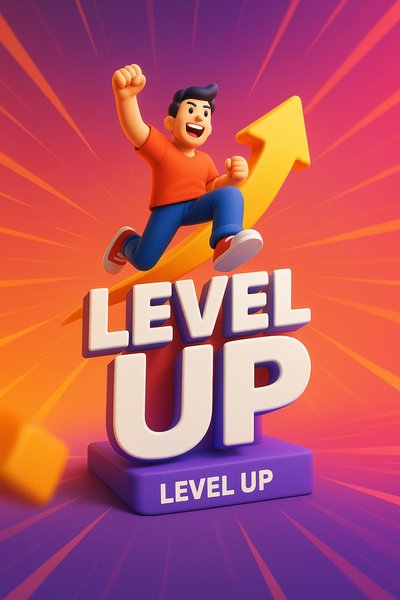 Dynamic 3D Illustration of Level Up Concept with Animated Character