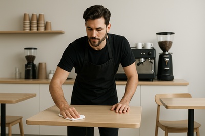 Minimalist Coffee Shop Scene with Barista Cleaning