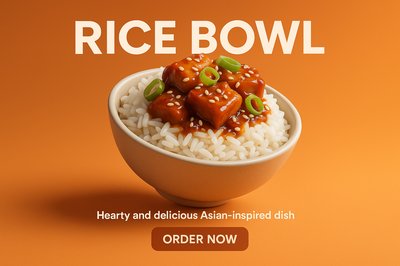 Delicious Rice Bowl Promotional Image with Vibrant Background