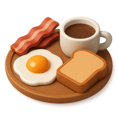 3D Breakfast Icon with Eggs, Bacon, and Coffee