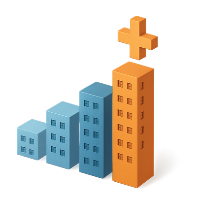 3D Isometric Bar Graph with Buildings in Volumetric Design