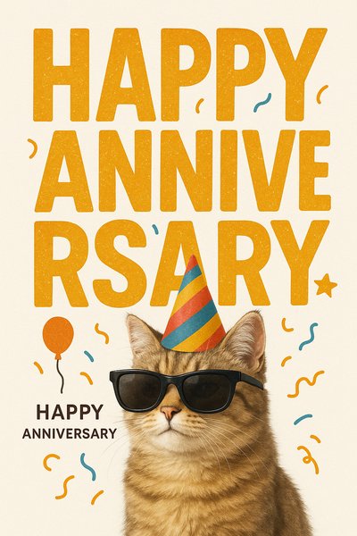 Playful Anniversary Greeting Card Featuring a Festive Cat