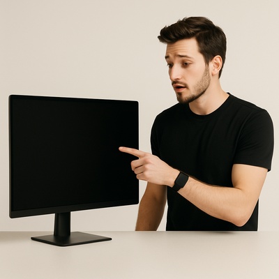 Young Man Explaining Something Off-Screen in Minimalist Style