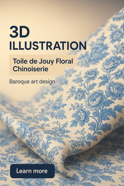 Elegant 3D Illustration of Toile de Jouy Floral Chinoiserie Design
