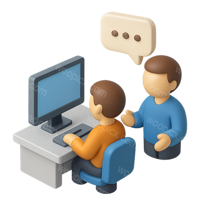 3D Conversation Icon Featuring Two Characters with Computer