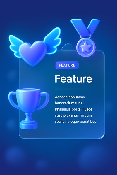 3D Neon Set of Heart, Crown, Medal, Coin, Trophy and Wings