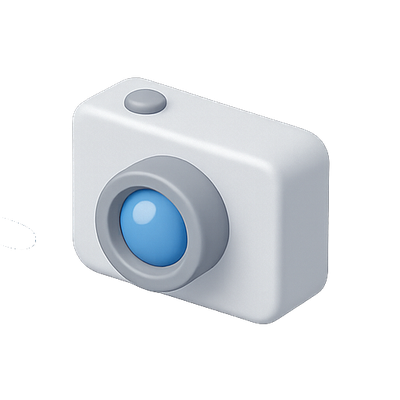 Stylized 3D Camera Icon with Blue Lens