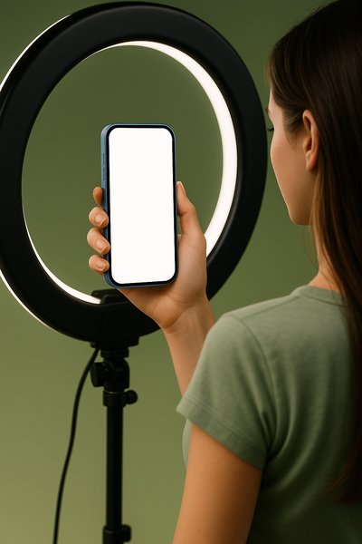 Dynamic Shot of a Blogger with a Blue Phone and Ring Light