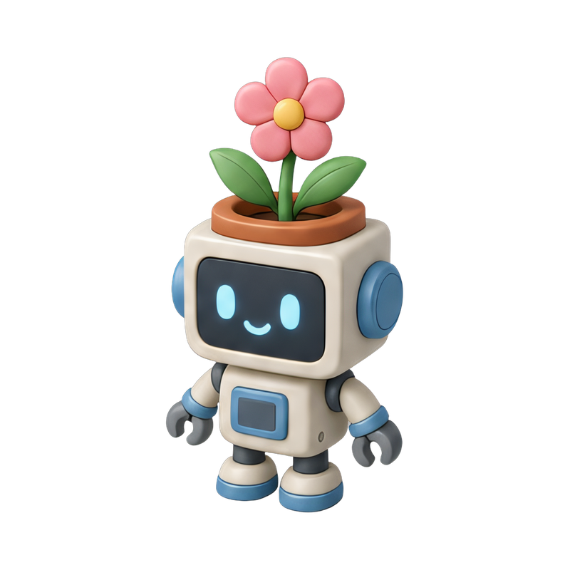 whimsical robot with flower pot