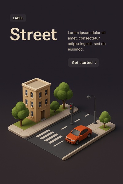 3D Street Scene with Realistic Elements and Dark Background
