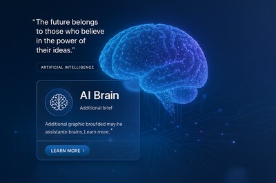 Futuristic AI Brain Illustration with Interactive Landing Page Design