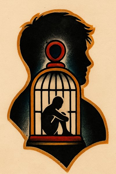 Silhouette with Cage and Figure Tattoo Design