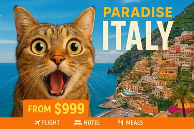 Surprised Cat Promotes Travel to Italy - Eye-Catching Design