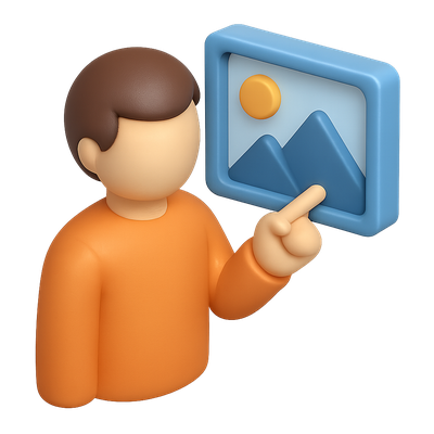 Stylized 3D Icon of a Person Pointing at an Image