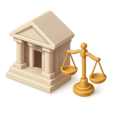 Stylized 3D Courthouse Icon with Scale Representation
