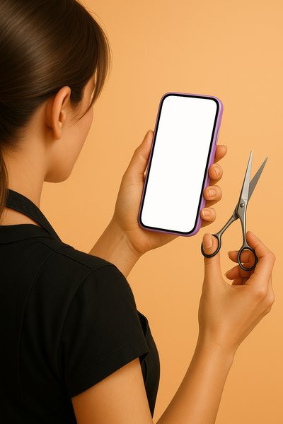 Hairdresser Holding Purple Phone and Scissors
