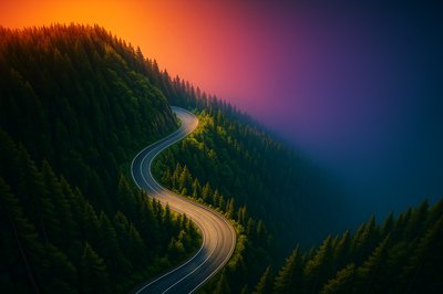 Aerial View of Winding Mountain Road in Lush Green Forest
