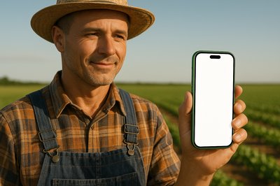 Farmer Holding a Green Phone in a Field