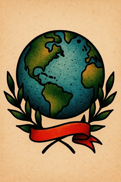 Illustration of Earth with Laurel Wreath and Ribbon
