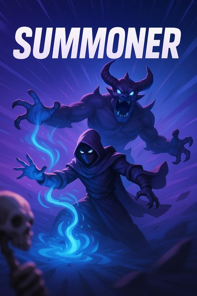 Dynamic Summoner Illustration with Bold Text and Vibrant Colors