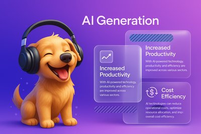 Happy Puppy with Headphones on Purple Background