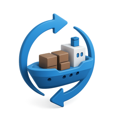 Stylized 3D Ship Icon with Arrows Surrounding It