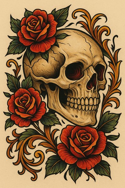 Tattoo-style illustration of a skull with roses