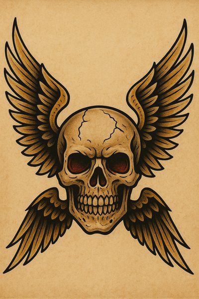 Detailed illustration of a skull with wings on a textured background