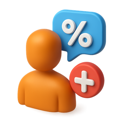 3D Icon Featuring Person, Percentage, and Chat Bubble