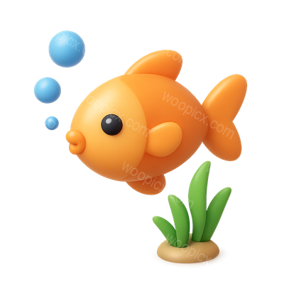 3D Icon of a Fish Swimming with Bubbles and Plants