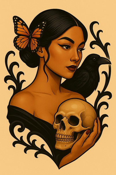 Elegant Tattoo Design Featuring a Woman with a Skull and Raven
