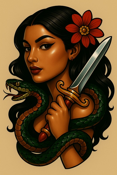 Artistic Depiction of a Woman with a Snake and Dagger