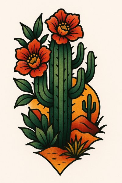 Colorful Cactus Illustration with Floral Elements