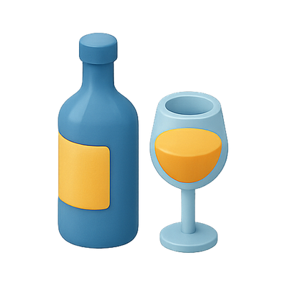 Stylized Blue Bottle and Glassware with Colorful Accents